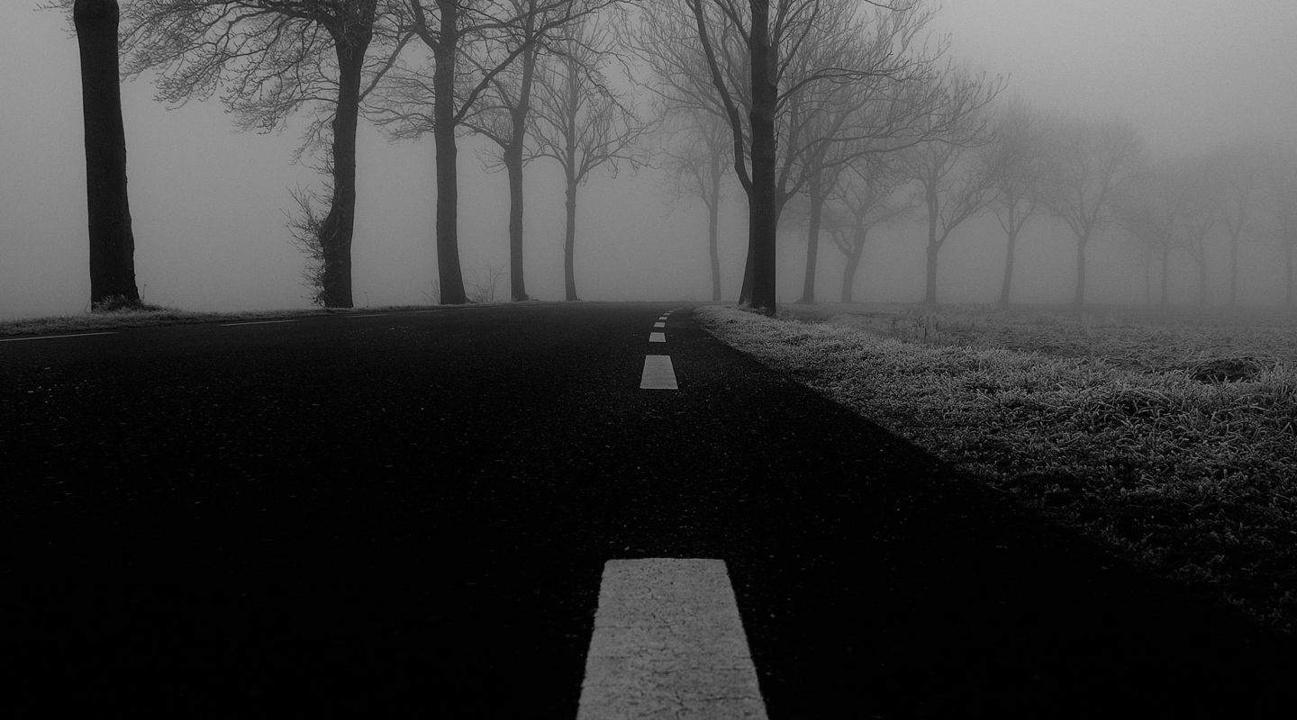 Carretera desolada y nublada en invierno